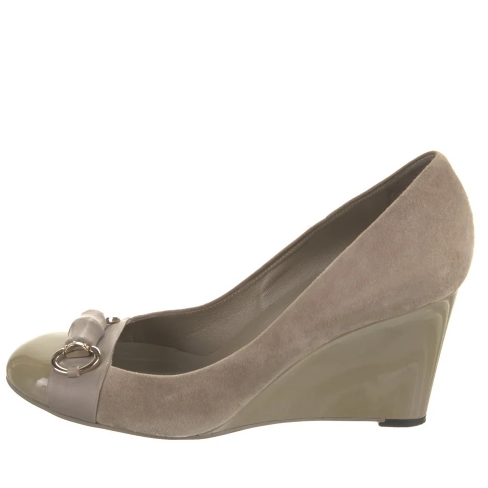 Gucci Grey Suede and Patent Leather Horsebit Wedge Pumps Size 37.5